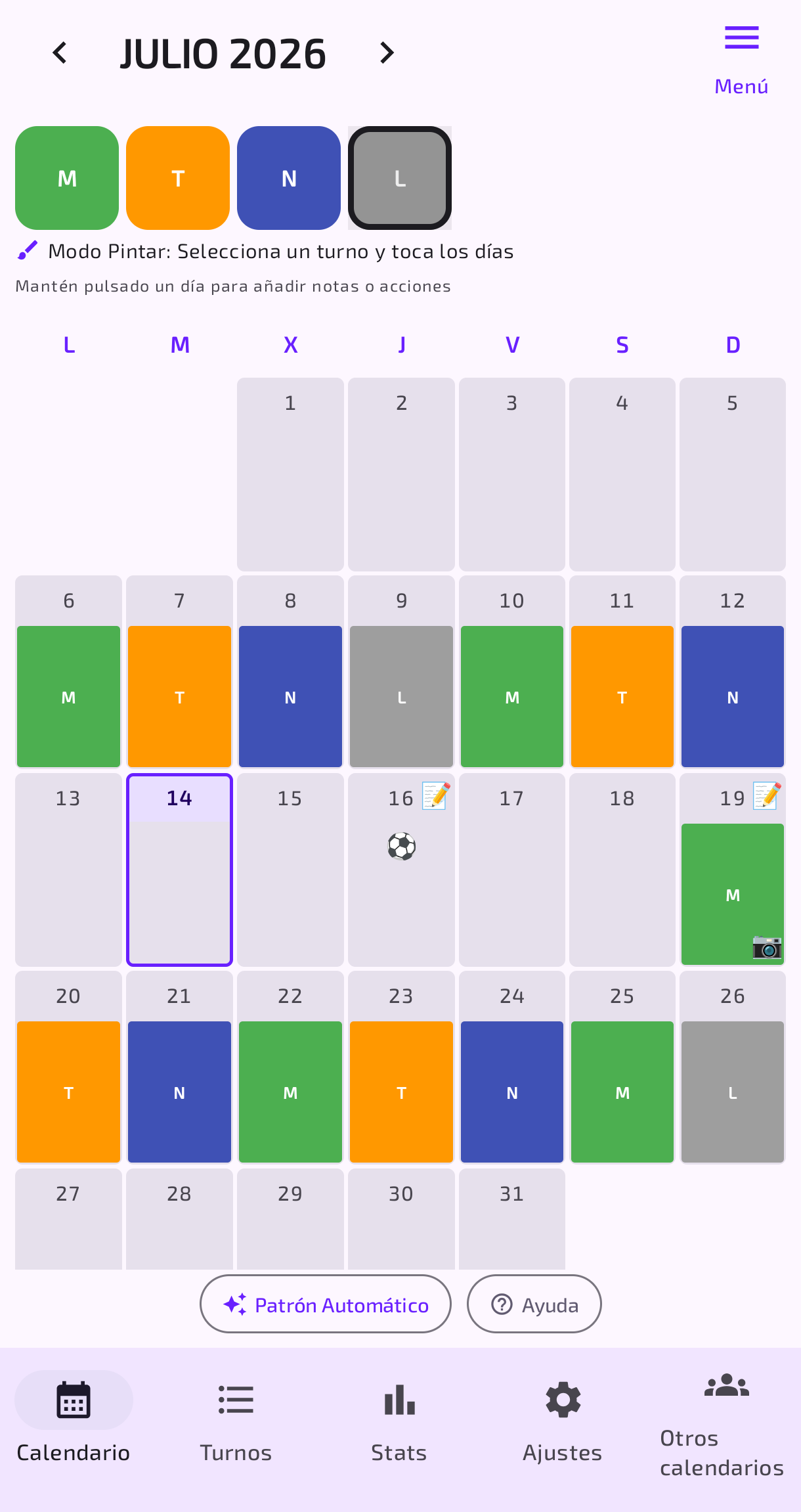 Calendario de turnos mensual, coloreado por tipo de turno